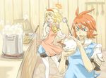  1boy 1girl :d :o apron aqua_eyes artist_request barrel blonde_hair blue_apron blue_eyes blush boiling boots breasts cooking cutting_board failure floor food green_eyes hairband holding holding_food indoors kitchen kitchen_knife knife ladle long_sleeves looking_back luke_fon_fabre medium_breasts natalia_luzu_kimlasca_lanvaldear onigiri open_mouth pantyhose planted_knife planted_weapon pot red_apron red_hair short_hair short_sleeves shrimp smile standing stove sweatdrop tales_of_(series) tales_of_the_abyss thigh_boots thighhighs v-shaped_eyebrows weapon white_legwear wooden_wall yellow_neckwear 