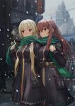  2girls belt blush breasts brown_hair closed_mouth commentary_request commission hair_between_eyes hair_ornament hairclip highres jacket laica_(marfusha) long_hair marfusha marfusha_(marfusha) medium_breasts multiple_girls red_eyes scarf shared_clothes shared_scarf skeb_commission smile snowing tantaka 