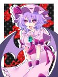  1girl :d bat_wings border bow dress dress_tug fang frilled_bow frilled_dress frills green_brooch hair_between_eyes hat hat_bow mob_cap pink_dress pink_hair pink_headwear red_bow red_eyes remilia_scarlet short_hair smile touhou tsugomori_(remilia0398) white_border wings 