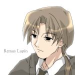  1boy animification bad_source black_eyes brown_hair brown_necktie character_name collared_shirt grey_robe hair_over_shoulder half-closed_eyes harry_potter_(series) koge_donbo light_smile long_hair low_ponytail male_focus necktie ponytail remus_john_lupin robe shirt simple_background solo upper_body white_background white_shirt wizarding_world 