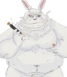 2024 anthro belly big_belly fur genitals hi_res humanoid_hands jinbe_001 kemono lagomorph leporid male mammal moobs navel nipples overweight overweight_male penis rabbit scar shangri-la_frontier simple_background smoking solo vorpal_rabbit vysache white_background white_body white_fur
