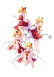  1girl ahoge ascot barefoot blonde_hair dress flandre_scarlet frills kk_snake laevatein_(touhou) midriff open_mouth red_dress red_eyes red_ribbon ribbon short_hair simple_background smile soles solo thighs touhou white_background yellow_ascot 