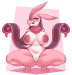 anthro areola big_breasts biped bodily_fluids borvar breasts crouching female front_view genitals hi_res huge_breasts licking licking_lips lovander navel nipples nude pal_(species) palworld pink_areola pink_body pink_nipples pocketpair pupils purple_eyes pussy ruff slit_pupils solo spread_legs spreading sweat tongue tongue_out