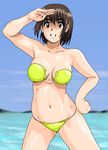  ayase_fuuka bare_shoulders bikini bob_cut brown_hair day eyebrows plump shaded_face shiny shiny_skin short_hair shu-z solo swimsuit thick_eyebrows yotsubato! 