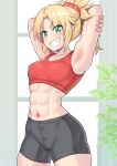  1girl abs absurdres armpits arms_behind_head bike_shorts blonde_hair braid breasts cameltoe crop_top fate/grand_order fate_(series) french_braid green_eyes hair_ornament hair_scrunchie harurukan highres looking_at_viewer mordred_(fate) muscular muscular_female navel ponytail red_scrunchie scrunchie smile solo thick_thighs thighs toned 