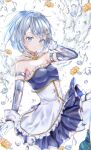  1girl absurdres bare_shoulders blue_eyes blue_hair blue_skirt breasts cape commentary_request detached_sleeves flower fortissimo gloves hair_ornament highres magia_record:_mahou_shoujo_madoka_magica_gaiden magical_girl mahou_shoujo_madoka_magica mahou_shoujo_madoka_magica_(anime) medium_breasts miki_sayaka miniskirt musical_note pleated_skirt short_hair skirt smile strapless thighhighs ukiukikiwi2525 water water_drop white_gloves yellow_flower 