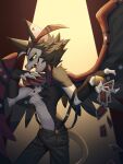 &lt;3 absurd_res anthro card demon demonic domestic_cat felid feline felis hazbin_hotel hi_res husk_(hazbin_hotel) male mammal poker_cards shirtless shirtless_male singing solo spotlight tail ty_arashi wings wry_smile