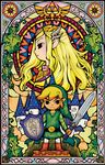  1girl artist_request belt black_eyes blonde_hair boots castle faux_traditional_media hair_ornament hat highres holding holding_sword holding_weapon ivy jewelry left-handed link master_sword necklace official_art plant pointy_ears princess_zelda shield stained_glass sword the_legend_of_zelda the_legend_of_zelda:_the_wind_waker tiara toon_link triforce weapon 