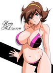  adapted_costume arms_behind_back bangs bikini blue_eyes breasts brown_hair character_name cleavage earrings g_gundam grin gundam hair_between_eyes hairband jewelry large_breasts looking_at_viewer navel rain_mikamura shadow shiny shiny_skin short_hair shu-z simple_background smile solo standing swimsuit white_background 