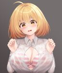  1girl absurdres ahoge blonde_hair blush bra bra_visible_through_clothes breasts haru_estia highres holding holding_bra holding_clothes holding_underwear karurega large_breasts open_clothes open_mouth open_shirt pink_bra see-through shirt short_hair simple_background solo soulworker striped_bra striped_clothes tears underwear wet wet_bra wet_clothes wet_shirt yellow_eyes 