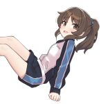  1girl aa211108 alternate_hairstyle blue_jacket blue_shorts blush brown_eyes brown_hair commentary gym_uniform idolmaster idolmaster_cinderella_girls jacket legs long_hair long_sleeves looking_at_viewer open_mouth ponytail shorts sidelocks smile solo tachibana_arisu thighs track_jacket white_background 