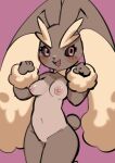 2024 absurd_res anthro areola arm_tuft black_sclera blush breasts brown_areola brown_body brown_fur brown_nipples eyebrows eyelashes featureless_crotch female fur generation_4_pokemon hi_res lagomorph long_ears looking_aside lopunny makeup mammal mascara medium_breasts navel nintendo nipples nude open_mouth open_smile oposa pink_background pokemon pokemon_(species) portrait pose red_eyes simple_background smile solo suntan tan_body tan_fur tan_line thick_eyebrows three-quarter_portrait tuft wrist_tuft yellow_body yellow_fur