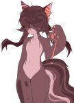 2019 anthro black_nose brown_hair brown_tail countershading digital_media_(artwork) domestic_cat felid feline felis female flat_chested hair hair_over_eyes hi_res mammal multicolored_pawpads navel pawpads pink_body pink_countershading pink_ears portrait rofortyseven simple_background slime smile solo standing tail three-quarter_portrait twintails_(hairstyle) white_background