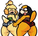 animal_crossing anthro big_butt black_clothing black_panties black_underwear blush breasts brown_clothing brown_topwear butt canid canine canis clothing collar domestic_dog duck_hunt duck_hunt_dog duo female green_clothing green_topwear hand_on_butt hi_res huntress_(lewdewott) isabelle_(animal_crossing) lewdewott mammal nintendo open_mouth orange_body panties raised_tail rear_view spiked_collar spikes standing suprised_look tail thick_thighs tongue tongue_out topwear underwear