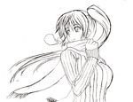  breasts breath copyright_request greyscale h-new large_breasts long_hair looking_back monochrome scarf side_ponytail sketch smile solo sweater traditional_media upper_body 