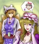  blonde_hair breasts cellphone chibi cleavage flip_phone gloves hakurei_reimu hat kishimasa long_sleeves medium_breasts multiple_girls one_eye_closed phone pillow_hat short_hair speech_bubble spoken_person talking_on_phone tassel touhou tray wide_sleeves yakumo_ran yakumo_yukari yin_yang 