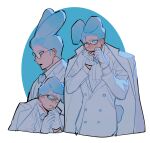  1boy animal_ears black-framed_eyewear blue_background blue_bow blue_bowtie blue_coat blue_eyes blue_gloves blue_hair blue_suit blue_theme bow bowtie bright_pupils coat coat_on_shoulders collared_coat crying crying_with_eyes_open floppy_ears glasses gloves hands_on_own_face hands_up highres long_sleeves looking_at_viewer multiple_views open_mouth original oval_background rabbit_boy rabbit_ears rabbit_tail sasi_mozzi1 short_hair simple_background standing suit tail teardrop tears upper_body very_short_hair wiping_tears 