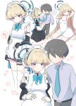  !? 1boy 1girl absurdres alternate_costume apron big_belly blonde_hair blue_archive blue_eyes blue_halo blue_necktie breasts commentary_request frilled_apron frills hakaseani12 halo heart highres long_hair maid maid_apron maid_headdress multiple_views necktie pregnant sensei_(blue_archive) spoken_heart toki_(blue_archive) waist_apron white_apron 