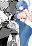  1boy 1girl absurdres ako_(blue_archive) ako_(dress)_(blue_archive) backless_dress backless_outfit bare_shoulders blue_archive blue_dress blue_eyes blue_hair blush breasts dress hair_between_eyes hairband halo highres hug large_breasts looking_at_viewer medium_hair multiple_views san_(harutuki_3) sideboob 