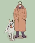  1boy animalization black_footwear black_hair black_jacket boots brown_coat closed_mouth coat commentary_request facial_hair forehead_protector full_body fur-trimmed_coat fur_trim goatee golden_kamuy green_background hands_in_pockets highres husky jacket long_sleeves looking_at_viewer male_focus mustache osakanaman_7 scar scar_on_face short_hair simple_background solo standing tongue tongue_out tsurumi_tokushirou very_short_hair 