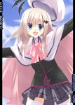  :d akane_souichi bad_id bad_pixiv_id blonde_pubic_hair blue_hair blush bow bowtie contrapposto cowboy_shot grey_skirt little_busters! long_hair long_sleeves looking_at_viewer noumi_kudryavka open_mouth pink_bow pink_neckwear plaid plaid_skirt pleated_skirt skirt smile solo standing tareme thighhighs waving 