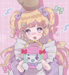  1girl :d apron bandaid bandaid_on_face bandaid_on_nose blonde_hair blush bow decora green_bow hair_bow hair_ornament hairclip heart holding holding_rice_cooker hoshikuzu_(pinkholic) idol_time_pripara long_hair long_sleeves looking_at_viewer one_eye_closed open_mouth pink_bow pretty_series pripara purple_eyes rice_cooker ringlets smile solo star_(symbol) star_hair_ornament takki_(pripara) teapot two_side_up upper_body white_apron yumekawa_yui 