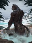 anthro back_muscles black_body black_fur butt detailed_background felid fingers fur genitals gold_(metal) gold_jewelry hi_res humanoid_genitalia humanoid_penis jewelry lynncore male mammal markings muscular muscular_anthro muscular_male nude outside pantherine partially_submerged penis solo spots spotted_body spotted_fur tail tiger yellow_eyes