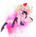  black_hair blonde_hair blue_eyes boots bow danganronpa danganronpa_1 enoshima_junko hair_bow ikusaba_mukuro knee_boots kneehighs long_hair multiple_girls nanzuyo_(gnsi) panties short_hair siblings sisters skirt sleeves_rolled_up spoilers twintails underwear yuri 