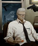  2boys bat_(symbol) batman batman_(series) black_necktie blue_eyes book bruce_wayne city collared_shirt dc_comics drink facial_hair gb_(doubleleaf) glass glasses gloves grey_hair gun indoors james_gordon male male_focus multiple_boys mustache necktie night office police realistic shirt sitting trio weapon white_shirt window 