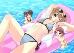  bikini black_hair blush breasts brown_hair cleavage eyewear_on_head funabashi_chitose green_eyes happy inflatable_raft ishida_aiko looking_back lying medium_breasts minigirl multiple_girls navel on_back one_eye_closed open_clothes open_mouth open_shirt parted_lips red_eyes shibusawa_asagi shiny shiny_skin shirt short_hair side-tie_bikini size_difference smile sunglasses swimsuit tessai tetsudou_musume thighs water 