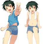  1boy black_hair child fang hataraku_maou-sama! looking_at_viewer looking_up male male_focus maou_sadao multiple_views navel open_mouth red_eyes short_hair shorts simple_background sisseltiger sitting smile solo towel v white_background young younger 