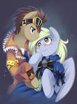  blue_eyes blush brown_hair clothed clothing derpy_hooves_(mlp) doctor_whooves_(mlp) dress duo ende equine female friendship_is_magic hair horse jacket male mammal my_little_pony navel necktie pegasus pony wings yellow_eyes 