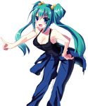 :d armpits bad_id bad_pixiv_id bare_shoulders bent_over blue_eyes breasts cleavage cui_yifei denim green_hair hair_bobbles hair_ornament hand_on_hip hikaru_kirara index_finger_raised jeans looking_at_viewer medium_breasts muvluv open_mouth pants shirt simple_background sketch sleeveless sleeveless_shirt smile tareme twintails white_background 