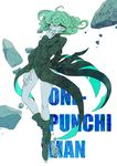  bad_id bad_pixiv_id black_dress copyright_name curly_hair dress engrish floating green_eyes green_hair highres one-punch_man ranguage rock shimana_(cs-ts-az) tatsumaki 