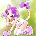  :3 all_fours animal_ears bow cat_ears cat_tail dokidoki!_precure fang full_body green_background kemonomimi_mode kenzaki_makoto leotard paw_pose paws precure purple_eyes purple_hair ruriruri short_hair smile solo tail tail_bow thighhighs white_legwear 