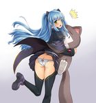  1girl :o back-print_panties black_legwear blue_hair blush butt_crack cape cat eiyuu_densetsu gradient gradient_background grey_background kirisamemaru long_hair panties print_panties skirt solo surprised thighhighs tio_plato two_side_up underwear white_background white_panties yellow_eyes zero_no_kiseki 