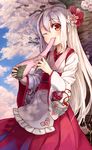  bad_id bad_pixiv_id blush cherry_blossoms eating food hakama half_updo highres holding holding_food japanese_clothes long_hair looking_at_viewer maruyama-jp mochi one_eye_closed original red_eyes red_hakama sakura_mochi solo tree wagashi white_hair 