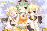  2girls bad_id bad_pixiv_id blonde_hair blue_eyes closed_eyes colorized goggles goggles_on_head green_eyes green_hair grin gumi highres inaresi kagamine_len kagamine_rin midriff multiple_girls music-len necktie one_eye_closed short_hair smile v vocaloid yellow_neckwear 