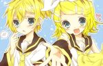  1girl blush brother_and_sister colorized heart inaresi kagamine_len kagamine_rin looking_at_viewer luna-nebbia open_mouth short_hair siblings smile spoken_blush vocaloid 