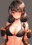  1girl bangs black_bra black_gloves black_hair blush bra breasts cleavage closed_mouth collarbone embarrassed eyebrows_visible_through_hair fingerless_gloves girls_frontline gloves grey_background hair_over_shoulder heterochromia highres jacket large_breasts long_hair looking_at_viewer multicolored_hair navel open_clothes open_jacket orange_eyes orange_jacket painteen red_eyes ro635_(girls_frontline) simple_background solo stomach streaked_hair twintails underwear undressing upper_body white_hair yellow_eyes 