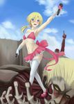  alternate_costume armored_titan armpits blonde_hair blue_eyes blush christa_renz colossal_titan duplicate frills gloves groin hand_up highres long_hair mary_janes microphone midriff miniskirt pose ribbon shingeki_no_kyojin shoes skirt solo thighhighs wall wantsupanchi!! white_legwear 