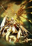  angel armor cloud cyborg fantasy gloves key long_hair mechanical_wings original pfalz sky solo staff white_hair wings 