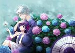  1girl bug butterfly child fate/zero fate_(series) flower hydrangea insect japanese_clothes kimono matou_kariya matou_sakura neko_kuriya oriental_umbrella parasol purple_eyes purple_hair scar umbrella white_hair younger 