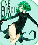  aqua_eyes black_dress curly_hair dress glowing glowing_eyes green_hair highres laio one-punch_man smirk solo tatsumaki 