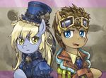  blue_eyes brown_hair clothed clothing derpy_hooves_(mlp) doctor_whooves_(mlp) duo equine eyewear female feral friendship_is_magic goggles hair hat horse jacket male mammal my_little_pony navel necktie open_mouth pony saturnspace yellow_eyes 
