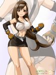  ass bad_id bad_pixiv_id bare_legs breasts brown_eyes brown_hair clenched_hands covered_nipples earrings elbow_gloves final_fantasy final_fantasy_vii fingerless_gloves gloves hand_on_hip jewelry large_breasts long_hair low-tied_long_hair midriff miniskirt navel onoe panties pencil_skirt shirt skirt smile solo suspender_skirt suspenders taut_clothes taut_shirt tifa_lockhart underwear white_panties 