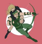  1boy 1girl arrow black_canary black_shoes blonde_hair boots bow_(weapon) dc_comics domino_mask duo facial_hair fishnets full_body gb_(doubleleaf) gloves goatee green_arrow green_arrow_(series) green_shoes hat hug hug_from_behind leotard long_sleeves marksman mask oliver_queen open_mouth shoes sleeveless smile weapon 