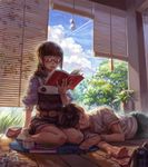  belt blinds book brown_eyes brown_hair camera cloud cup day eating eyewear_removed glasses lap_pillow lying mouth_hold mug multiple_girls on_side original overalls reading sitting sky socks teruterubouzu wariza watch yang_niangniang 