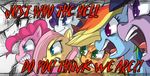  ? applejack_(mlp) blonde_hair blue_eyes cowboy_hat english_text equine female feral fluttershy_(mlp) freckles friendship_is_magic green_eyes hair hat horn horse mammal multi-colored_hair my_little_pony navel open_mouth pink_hair pinkie_pie_(mlp) pony princess princess_celestia_(mlp) purple_eyes purple_hair rainbow_dash_(mlp) rainbow_hair rarity_(mlp) reaction_image royalty tengen_toppa_gurren_lagann text tongue twilight_sparkle_(mlp) uc77 unicorn unknown_artist 