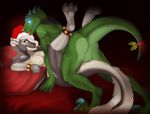  anthro balls bells blue_eyes breasts christmas dinosaur dragon eye_contact female hat holidays jasonafex jingle_bells licking lizard male missionary_position raptor scalie spread_legs spreading straight tails tongue 